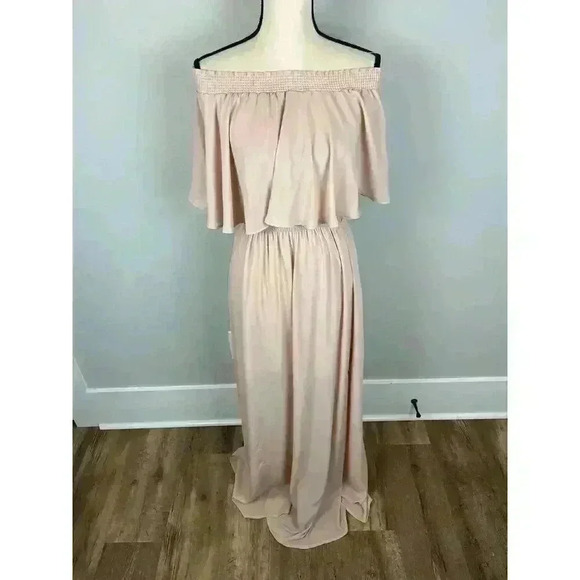 Show Me Your MuMu Hacienda Maxi Dress Off Shoulder Nude Chiffon Lined Size L - Picture 1 of 16
